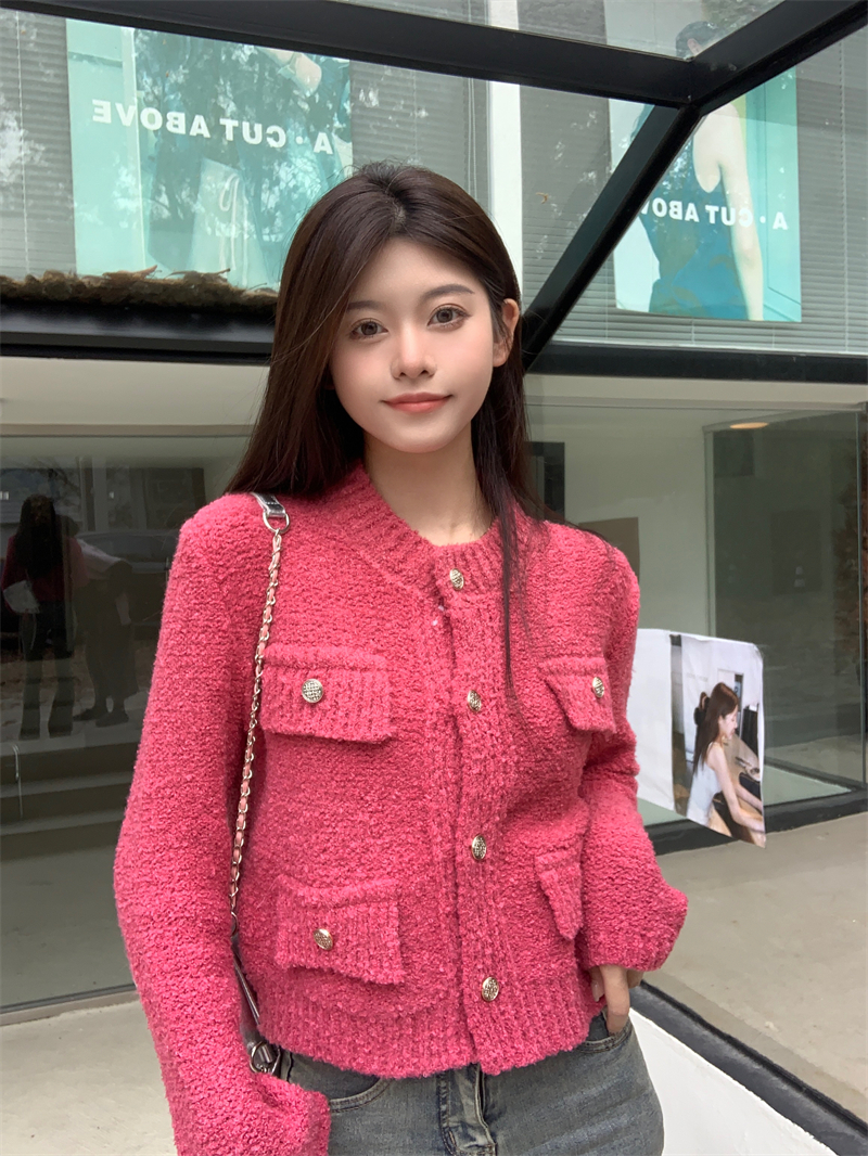 實拍 法式小香風金屬扣圓領短款百搭時髦加厚開衫長袖毛衣女