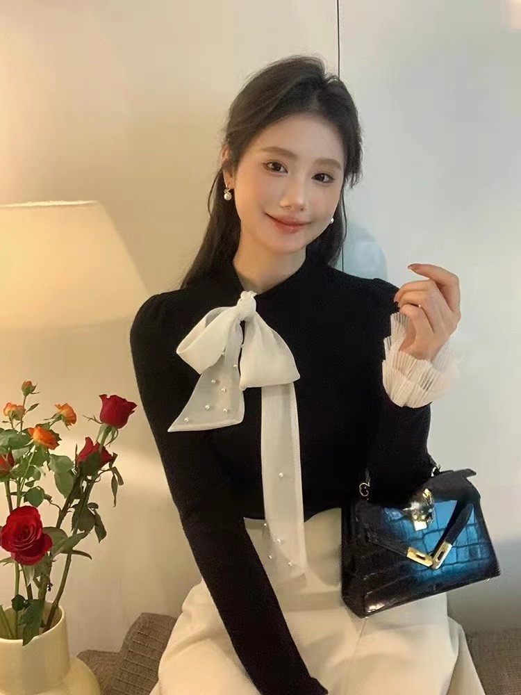 法式氣質修身顯瘦百搭撞色系帶打底衫女秋冬洋氣別致針織小衫上衣
