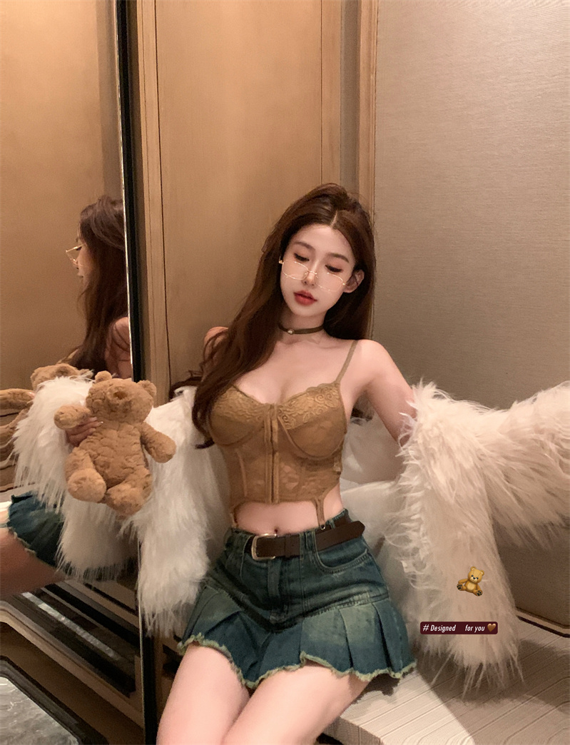 實拍復古蕾絲拼接鈎花不規則吊帶小背心辣妹顯瘦內搭外穿短款