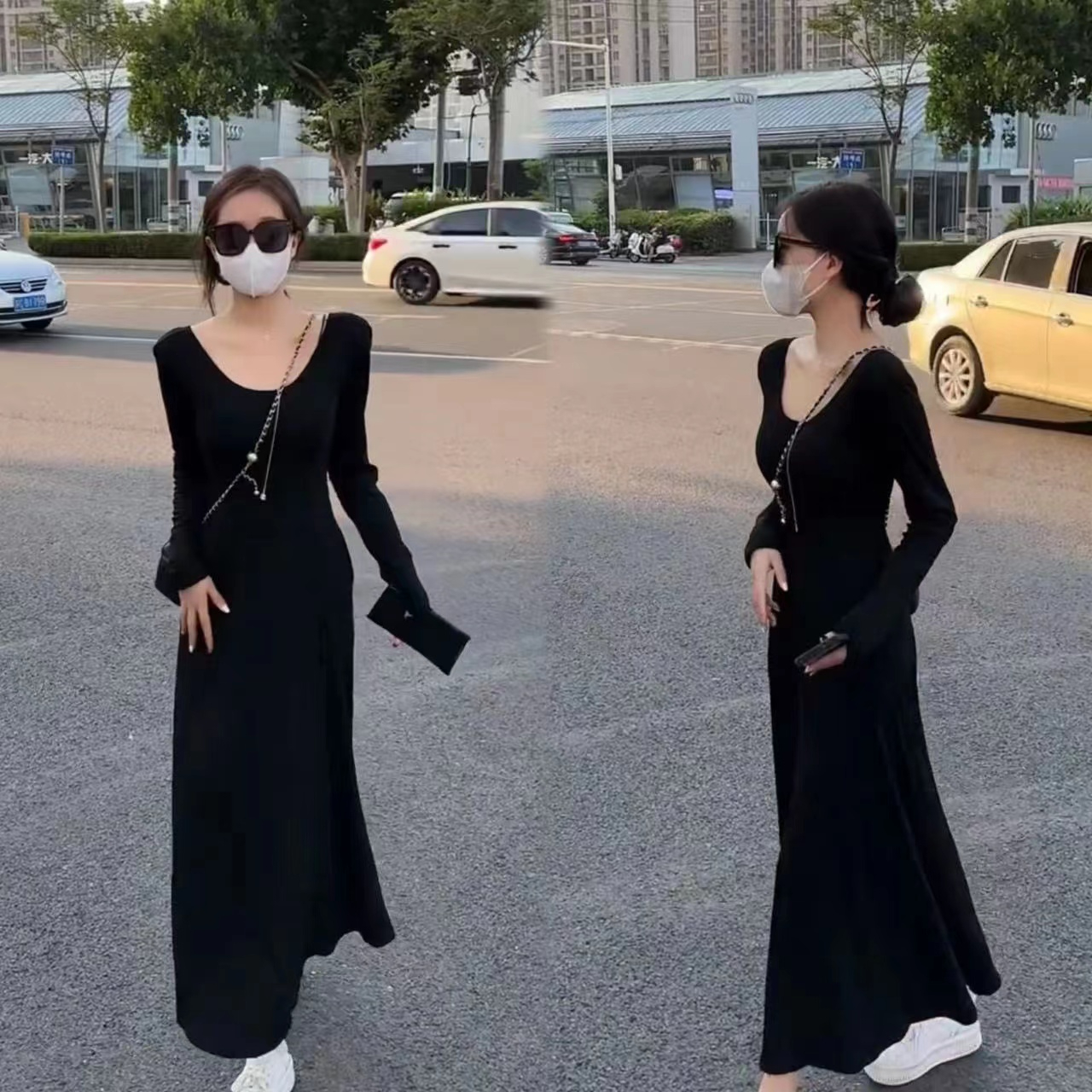 春秋氣質U領露背性感連衣裙女韓版高腰修身大裙擺長袖長裙女