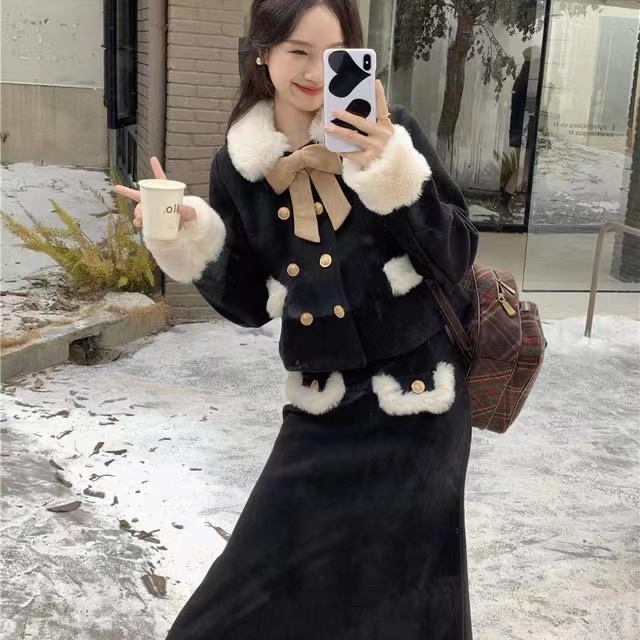 小香風毛領黑色毛呢外套富家千金套裝女冬季a字半身裙長裙兩件套