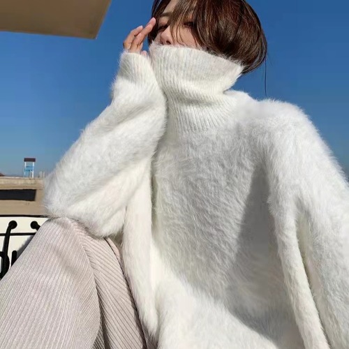 馬海毛高領毛衣女秋冬外穿寬鬆慵懶風軟糯內搭打底水貂絨套頭上衣