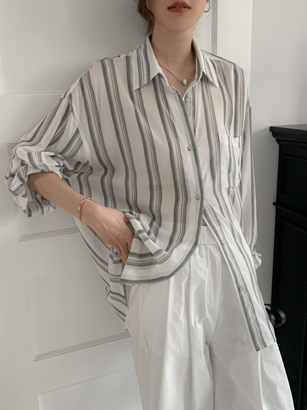氣質不規則拼接格子襯衫女夏季港味寬鬆休閒襯衣甜酷長袖防曬上衣