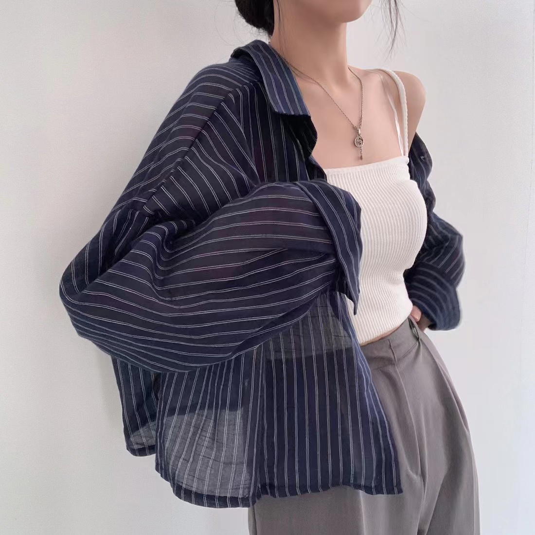 韓國chic 夏日 輕薄長袖防曬襯衣女襯衫
