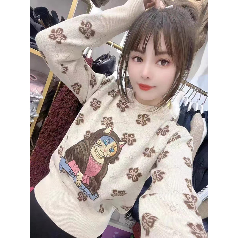 品質 菱格短款毛衣女秋季新款設計感甜美卡通提花針織衫上衣