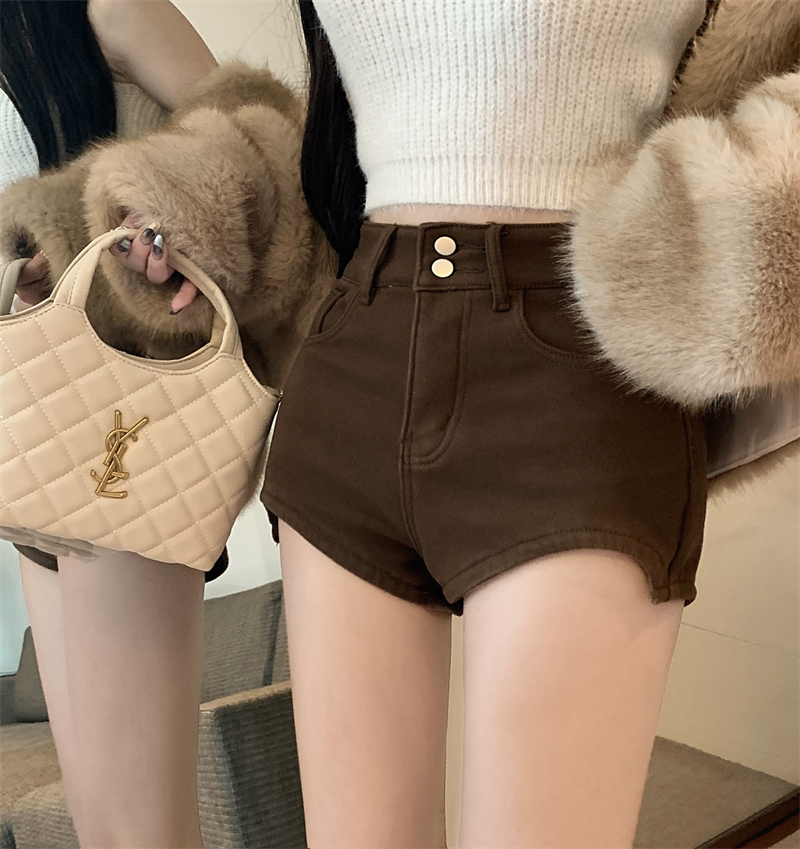 實拍女團辣妹冬季加厚短褲時髦百搭小眾高腰顯瘦抓絨牛仔熱褲