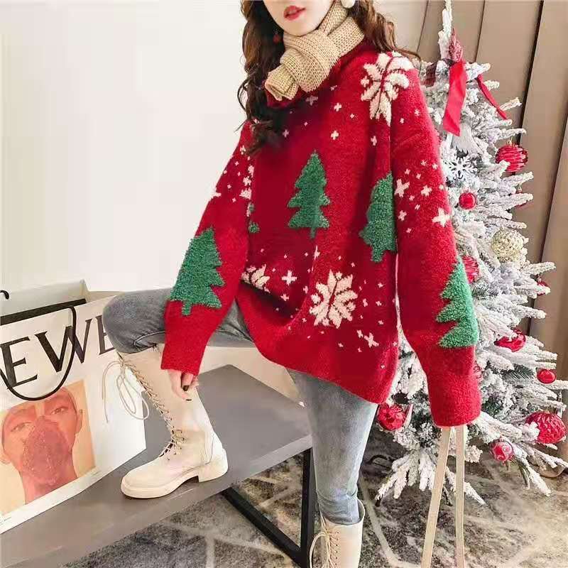 加厚紅色聖誕毛衣女套頭2023秋冬新款潮ins寬鬆慵懶風外穿上衣