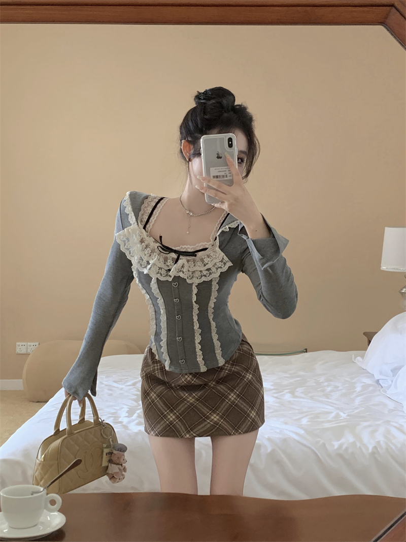 實拍 花邊拼接修身甜美灰色上衣+高腰格子短裙減齡套裝女