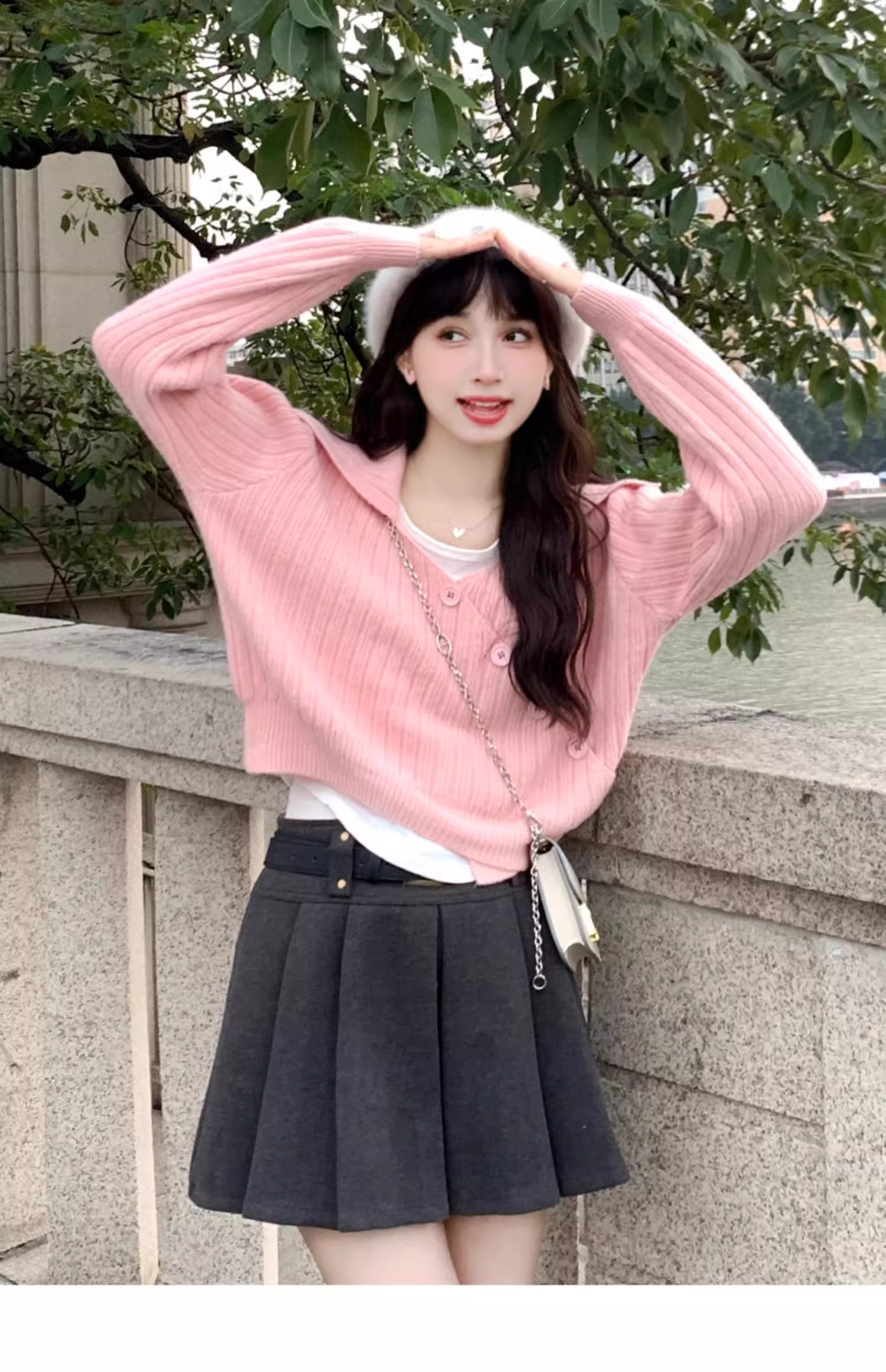 韓版大翻領長袖毛衣外套女秋季2023新款時尚氣質單排斜扣短款上衣