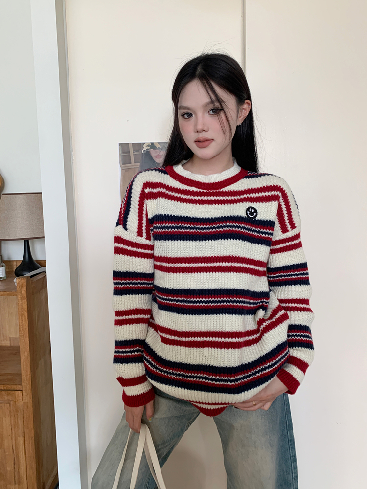 撞色條紋慵懶風軟糯毛衣女秋冬2023新款寬鬆套頭針織衫超好看上衣