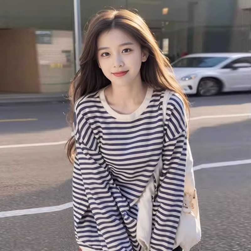 設計感小眾甜美條紋衛衣早秋冬裝內搭打底衫寬鬆慵懶風長袖上衣女