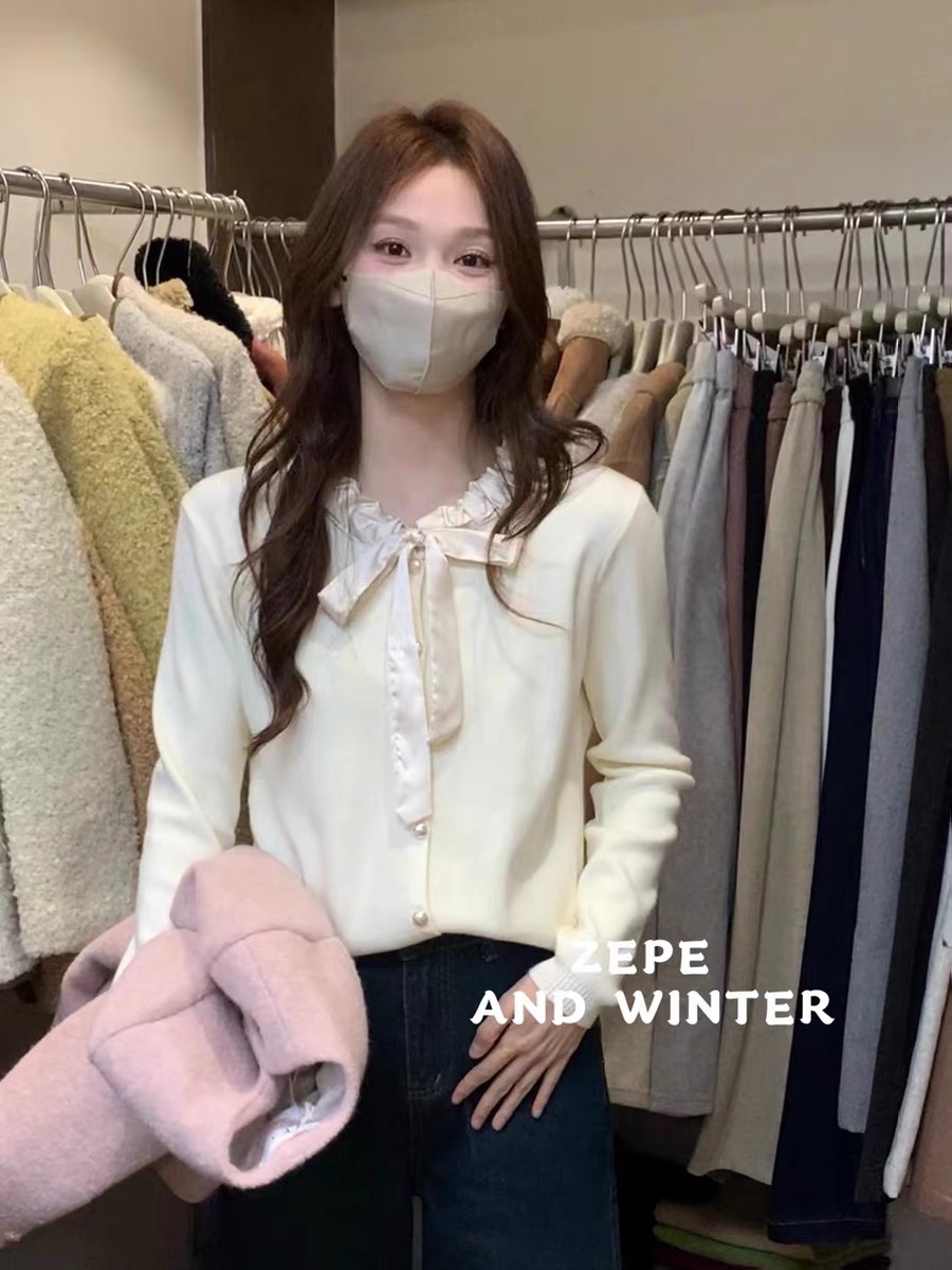 蝴蝶結蜜熊絨甜美毛衣打底衫女秋季新款溫柔少女感簡褶皺針織衫潮