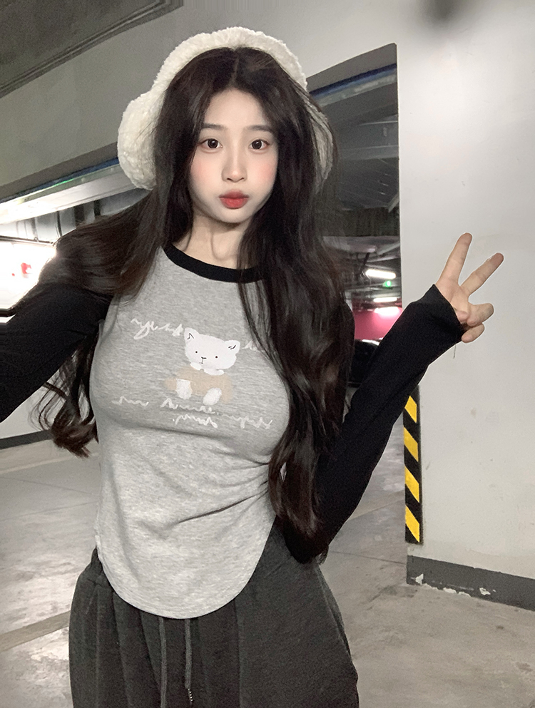 實拍~印花修身顯瘦百搭牛角長袖T恤衫春秋