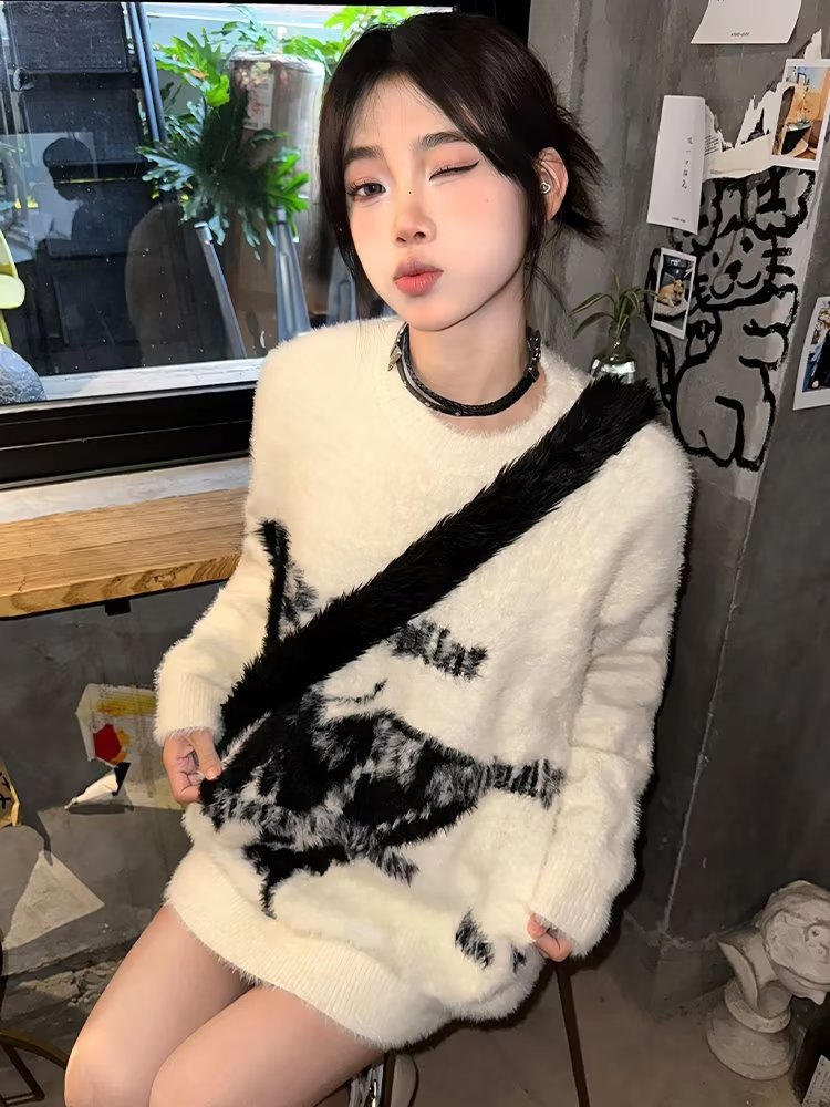 美式復古白色馬海毛毛衣女2023早秋款寬鬆長袖上衣蝴蝶提花針織衫