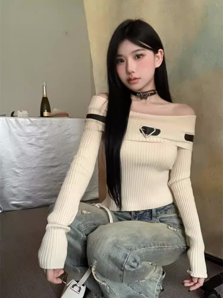 純欲甜辣妹一字肩上衣女秋冬美式y2k長袖針織打底衫內搭露肩毛衣