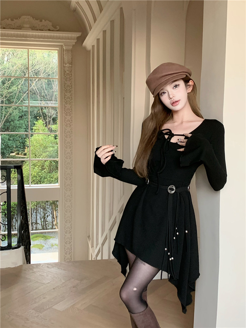 實拍  設計感小眾收腰顯瘦系帶不規則荷葉邊連衣裙女