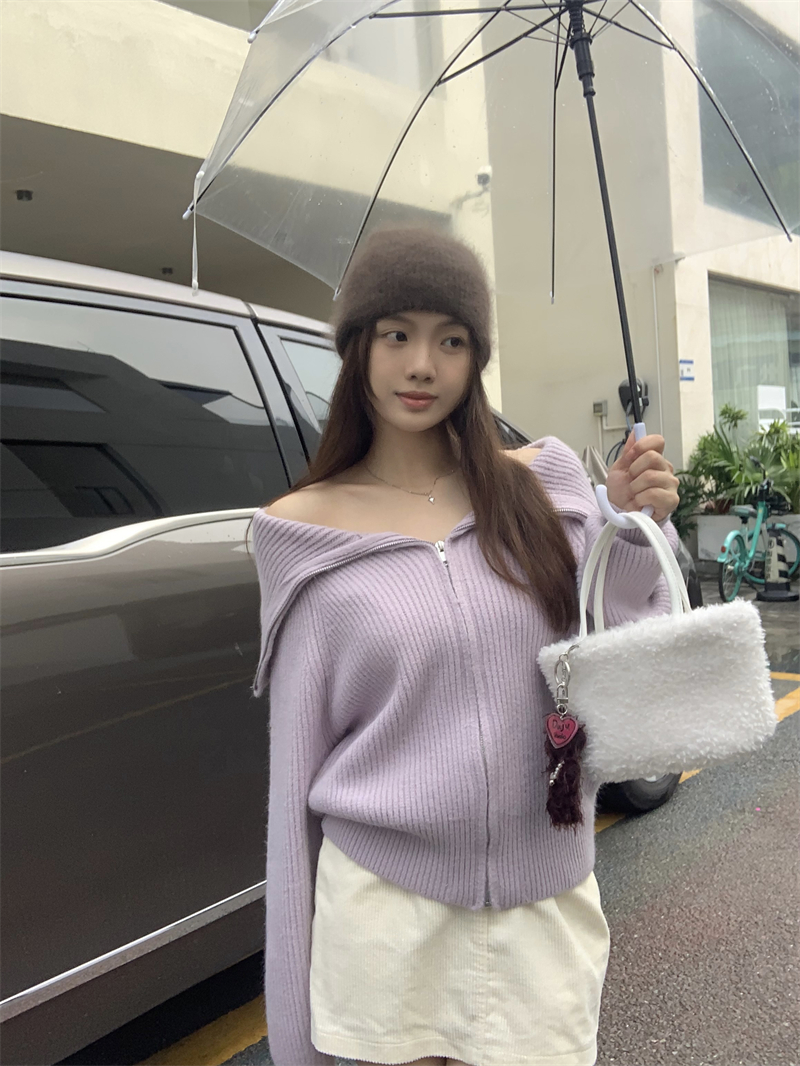 實拍 翻領秋冬純色拉鏈長袖針織外套開衫上衣女