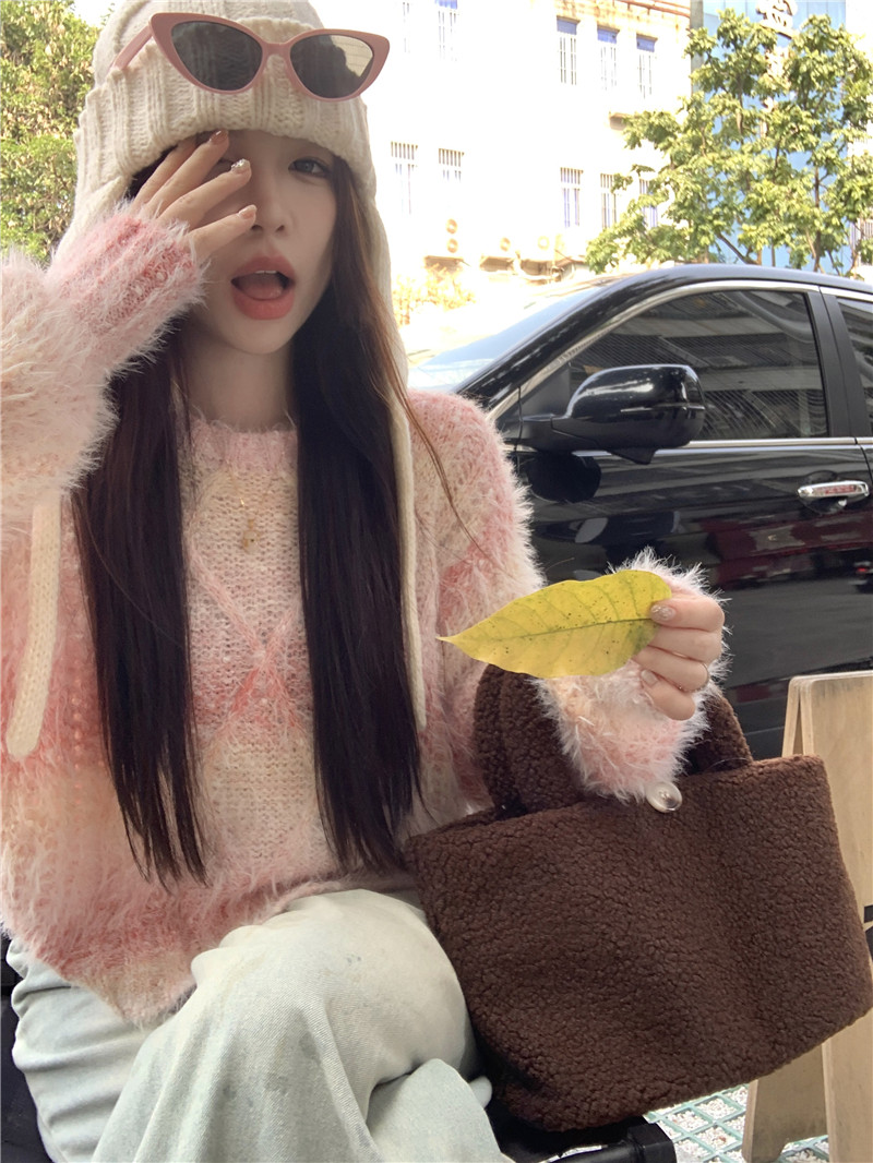 實拍韓系秋冬加厚彩色圓領撞色短款毛衣