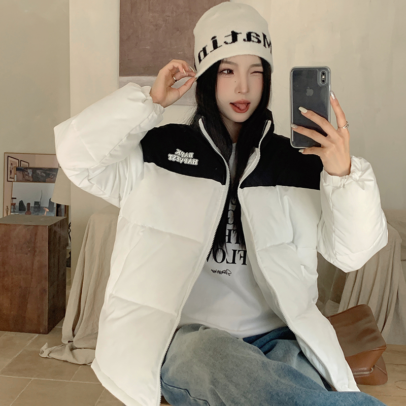 實拍！美式復古國潮拼色短款麵包服情侶棉服冬季立領寬鬆外套