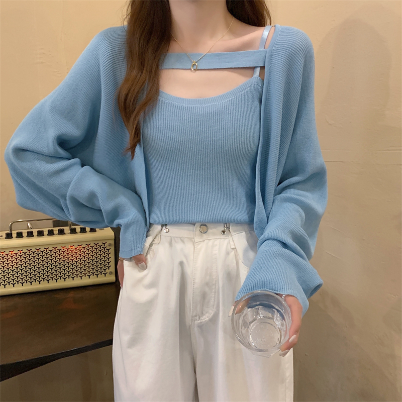初秋女裝新款辣妹今年流行毛衣外套開衫吊帶背心兩件套裝大碼