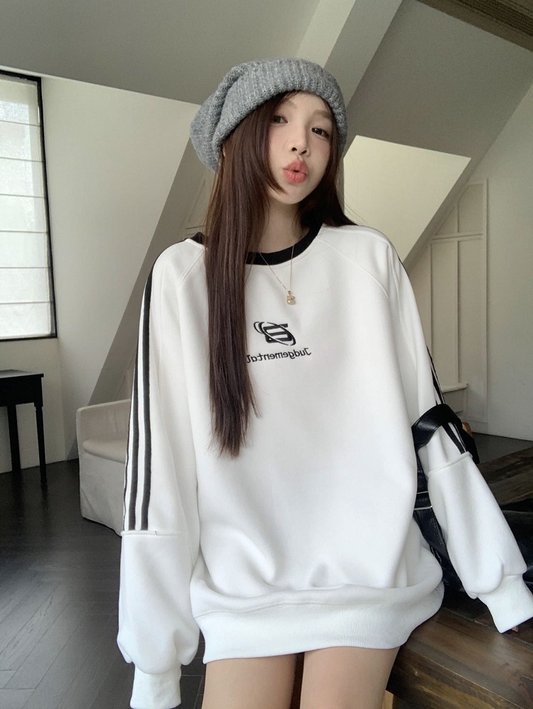 實拍 美式復古三條槓圓領衛衣秋冬新款情侶寬鬆加絨休閒套頭上衣