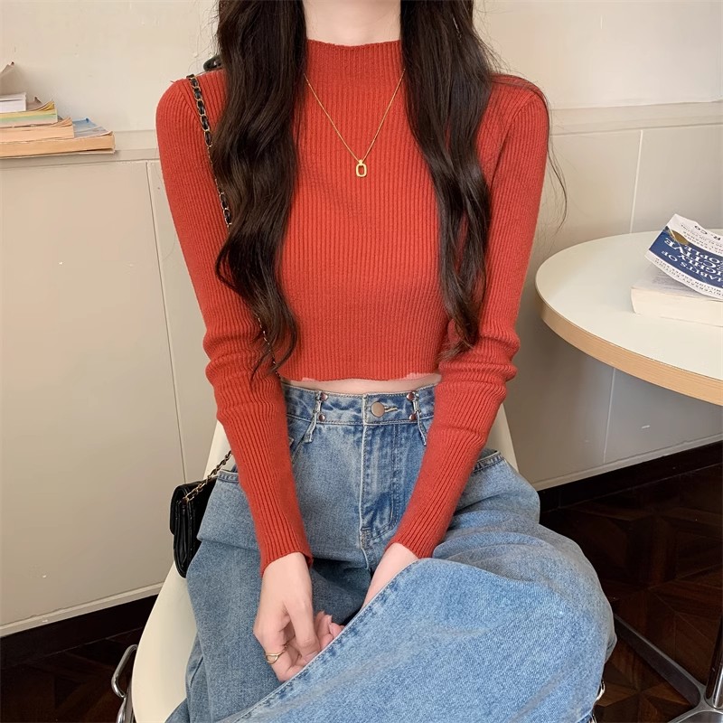 小個子短款高腰毛衣秋冬露臍修身顯瘦針織打底衫配大皮衣內搭上衣