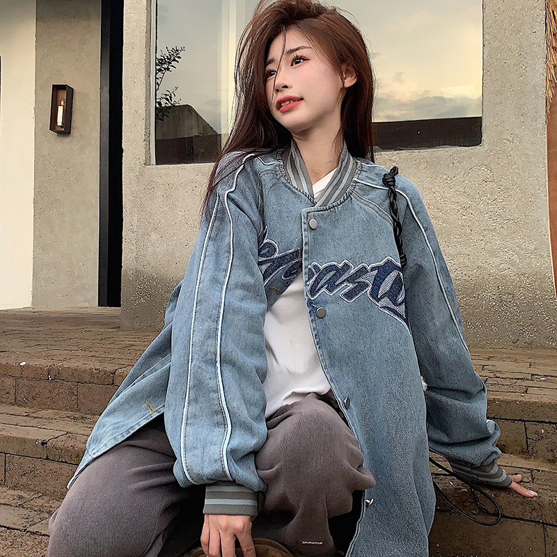 實拍！美式街頭棒球服女春秋設計感潮牌復古牛仔外套寬鬆夾克