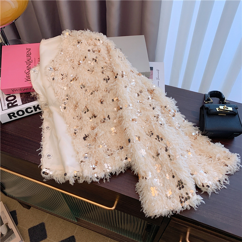 Sparkling sequin tassel short coat for women short style small fragrance heavy industry fluffy top