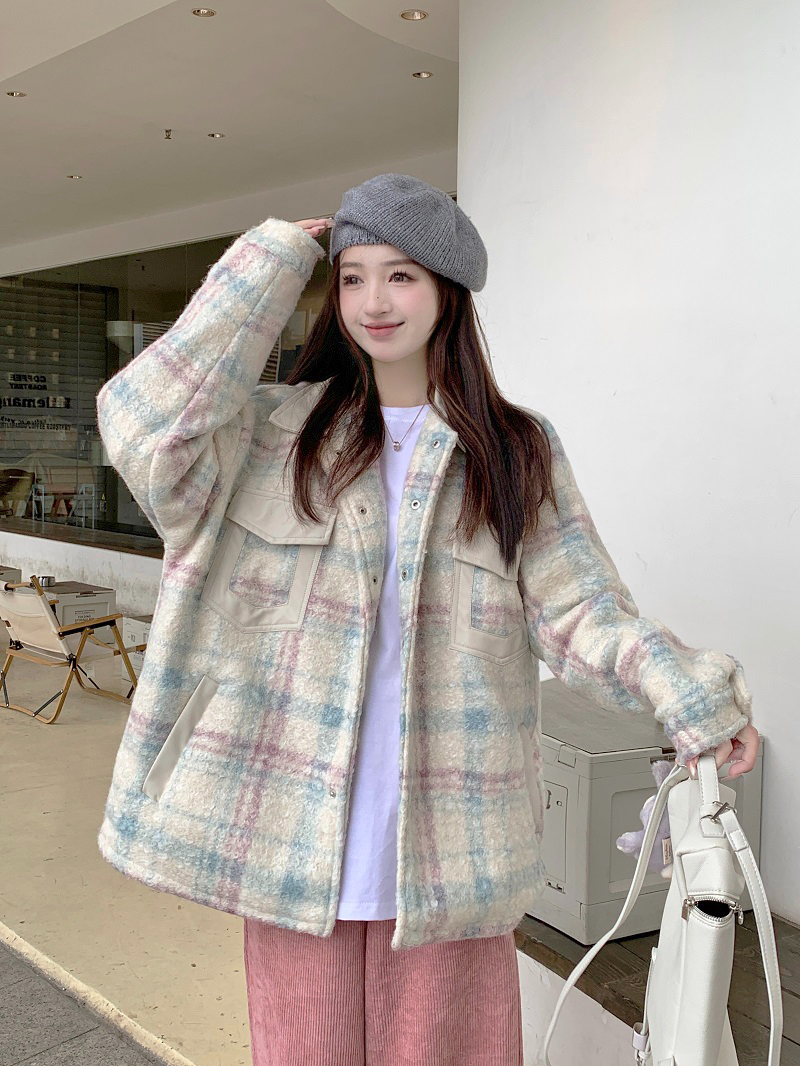 Actual shot of double-layer inner niche circle wool splicing plaid woolen shirt casual jacket coat top for women