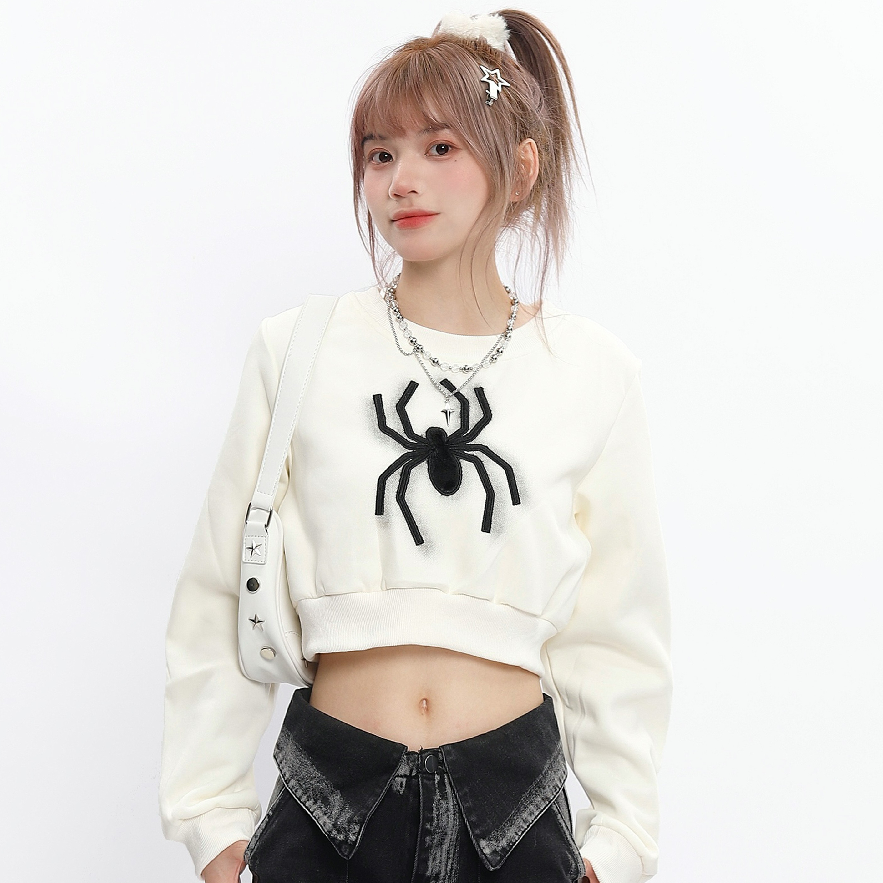 食毛華棉複合牛奶絲300克秋季圓領美式設計感蜘蛛印花衛衣女