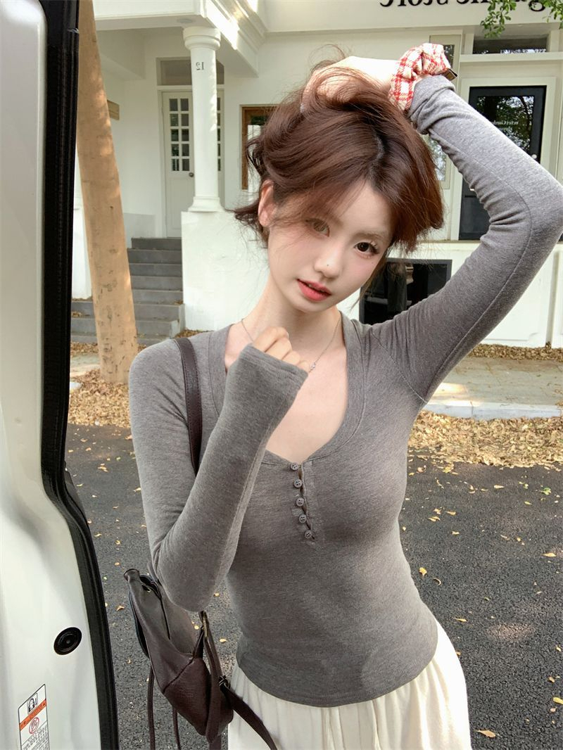 260g Modal 1*1 American hot girl U-neck bottoming shirt pure desire tight long-sleeved top for women in autumn