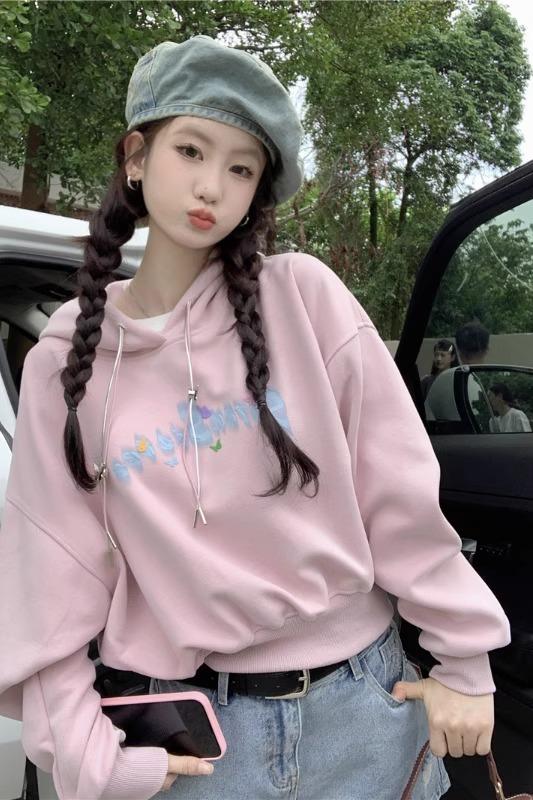 連帽衛衣短款長袖衣服女裝2023年早秋季韓系小個子寬鬆高腰上衣潮