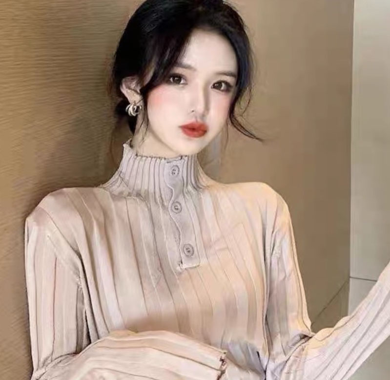 2023早秋新款chic半高領修身針織打底衫女內搭洋氣長袖上衣設計感