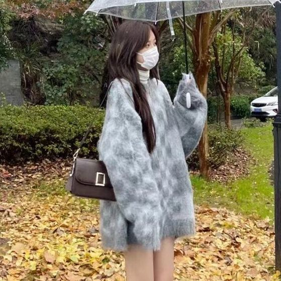 135#棋盤格毛衣外套女韓版寬鬆針織衫