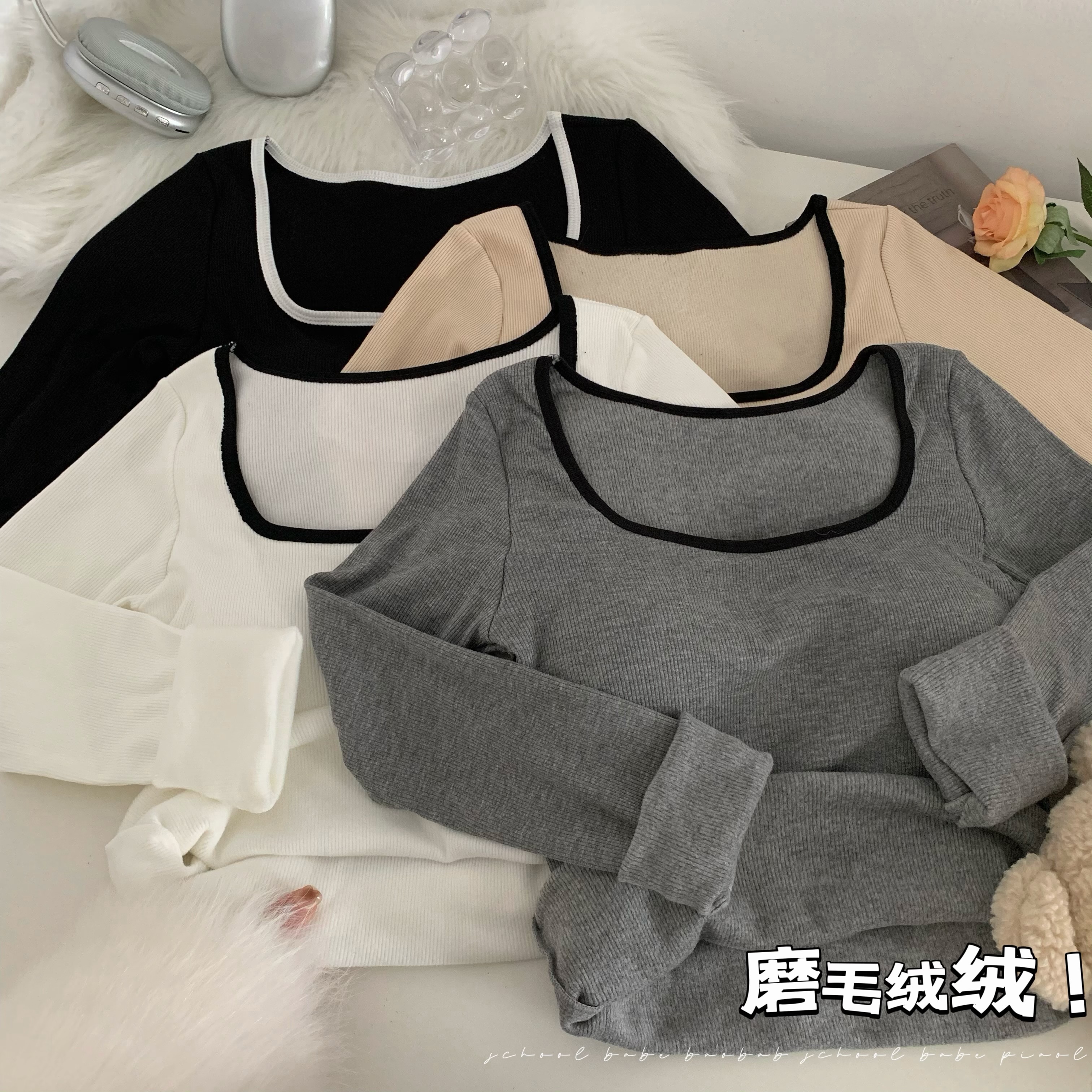 Real shot of winter U-neck thickened velvet T-shirt for women, slim temperament bottoming shirt, long-sleeved warm top with chest pad