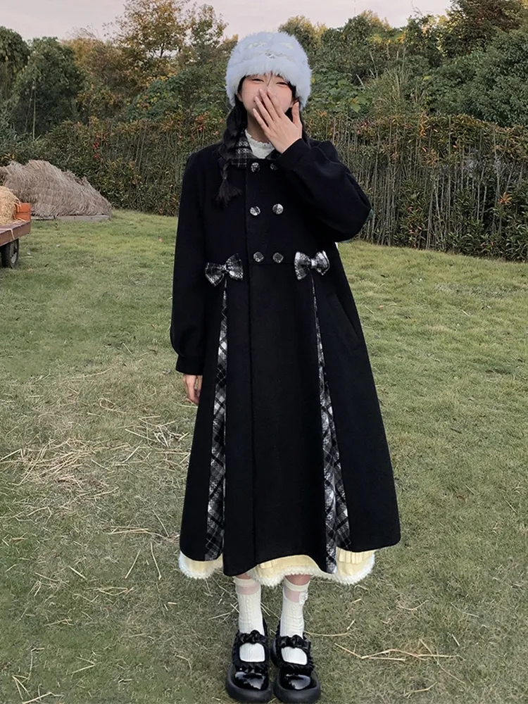 Black coat doll collar plaid autumn and winter bow girl loose 2023 knee length woolen coat