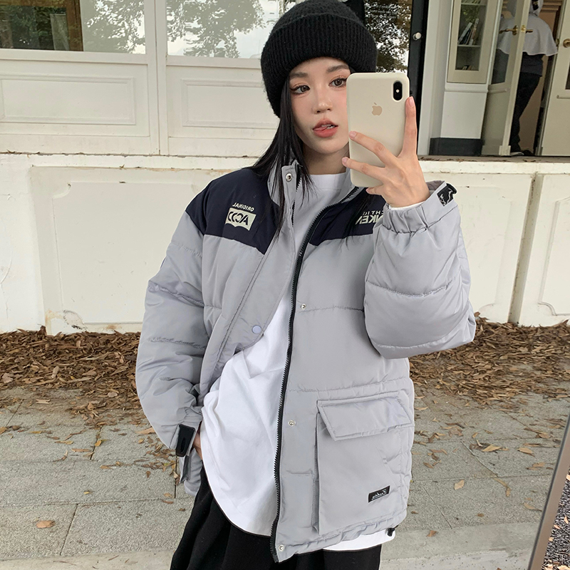 實拍！冬季棉襖日系復古拼接立領棉服寬鬆休閒麵包服棉衣潮