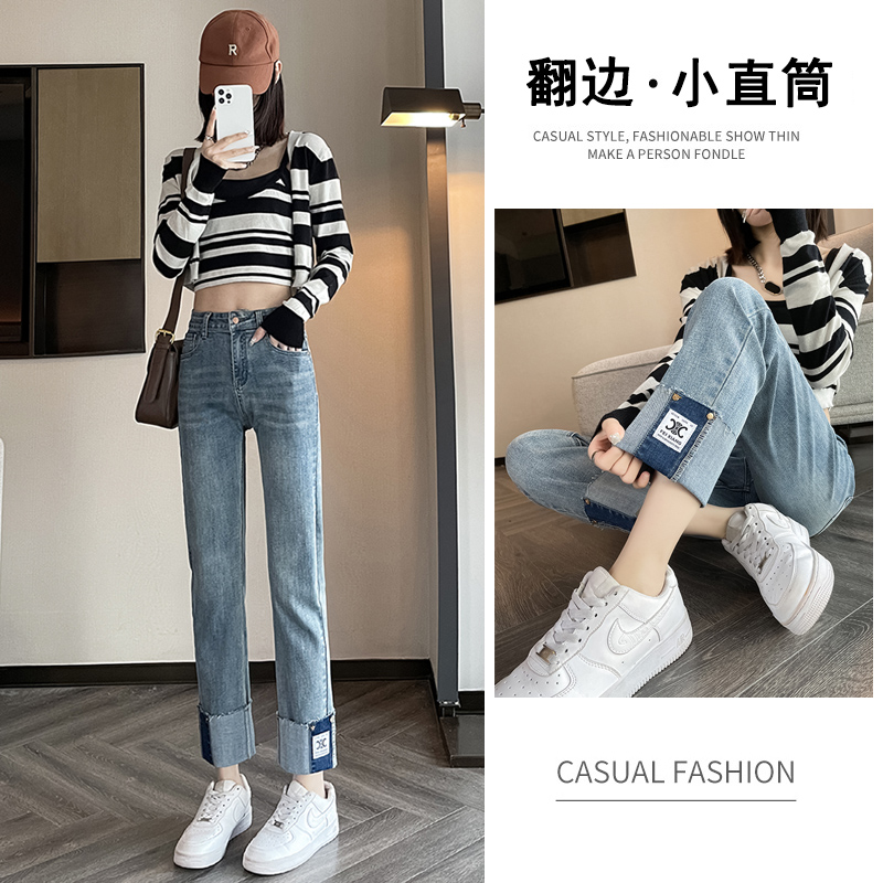實拍2023秋季時尚潮流復古高腰直筒牛仔褲女