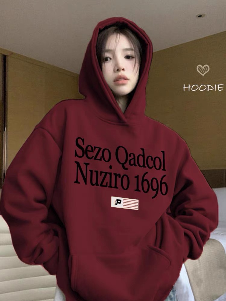 酒紅色美式連帽加絨加厚衛衣女秋冬2023新款潮牌設計感上衣