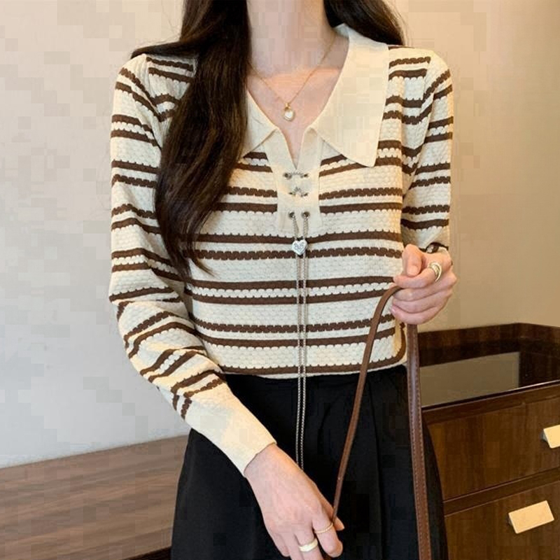 2023秋季新款設計感洋氣Polo領鏈條條紋顯瘦長袖上衣女