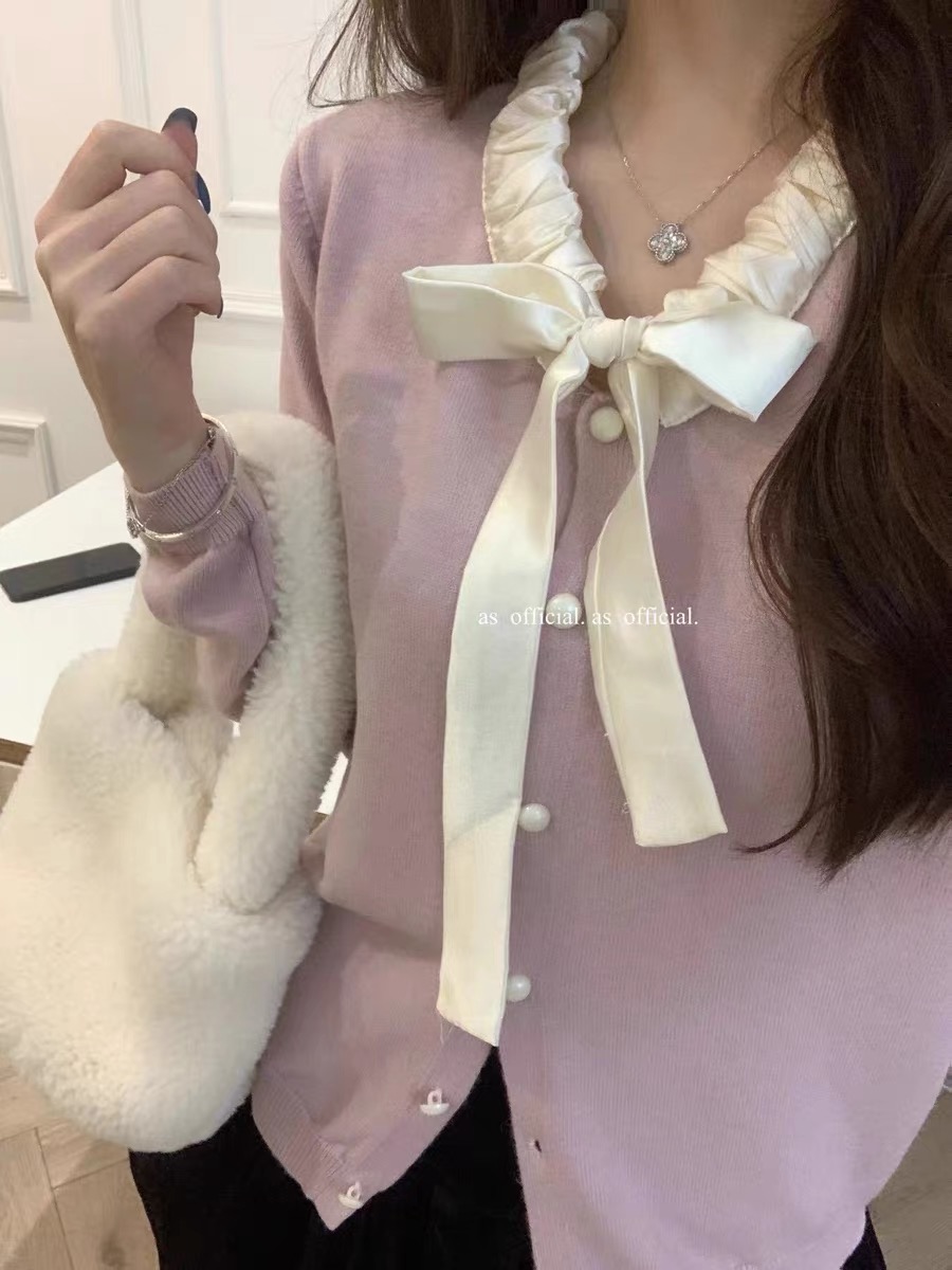 FTONG軟酪甜心系帶蝴蝶結浣熊絨羊毛針織開衫女設計感毛衣
