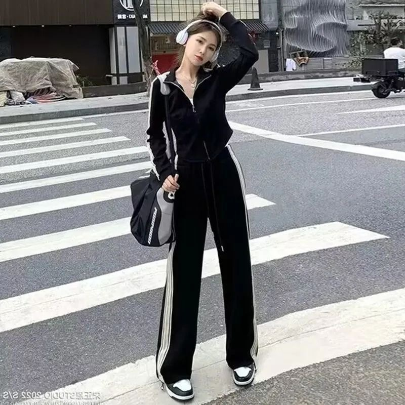 2023 Spring and Autumn New Korean Fashion Wide Leg Pants Suit Large Size Women's Casual Sports Suit Two-piece Set