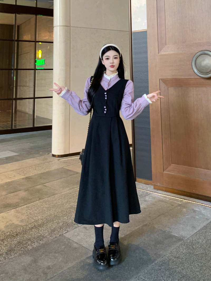大碼女裝胖mm法式復古花邊領黑紫色假兩件長袖連衣裙女秋冬