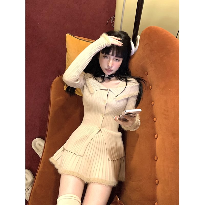 FunnJ方幾 受寵嗲嗲少女慵懶開衫毛衣套裝女高腰百褶半身裙兩件套