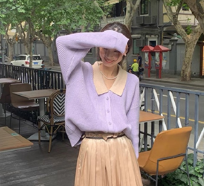 SourceWithYou 微醺心動 溫柔又浪漫韓系紫色毛衣開衫針織外套女