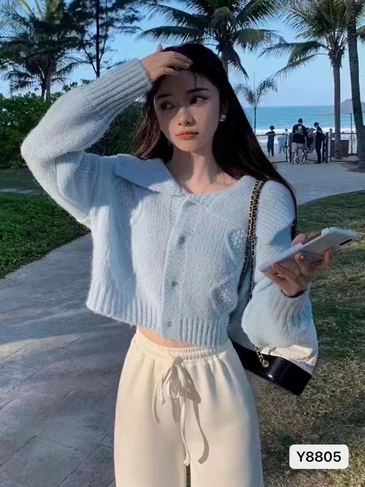 秋冬新款韓版溫柔甜美風翻領菱格短款長袖開衫上衣女