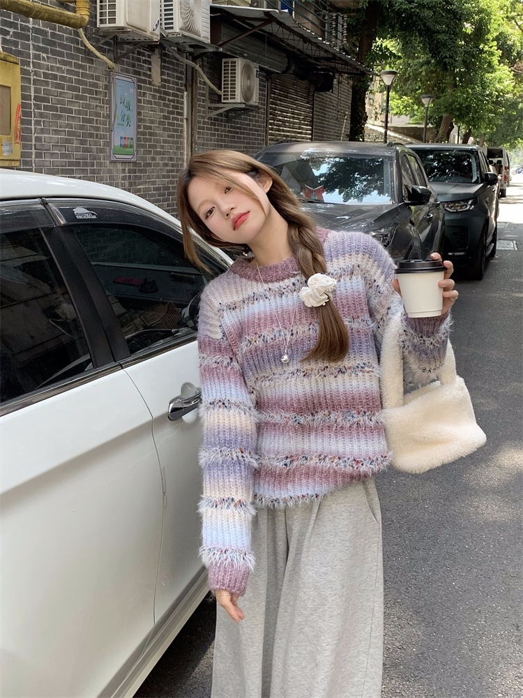 實拍！撞色條紋套頭復古針織毛衣外套女上衣