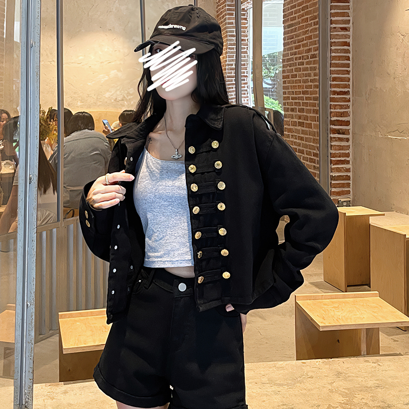 實拍！法式小香風復古黑短款工裝牛仔外套小眾個子上衣潮ins