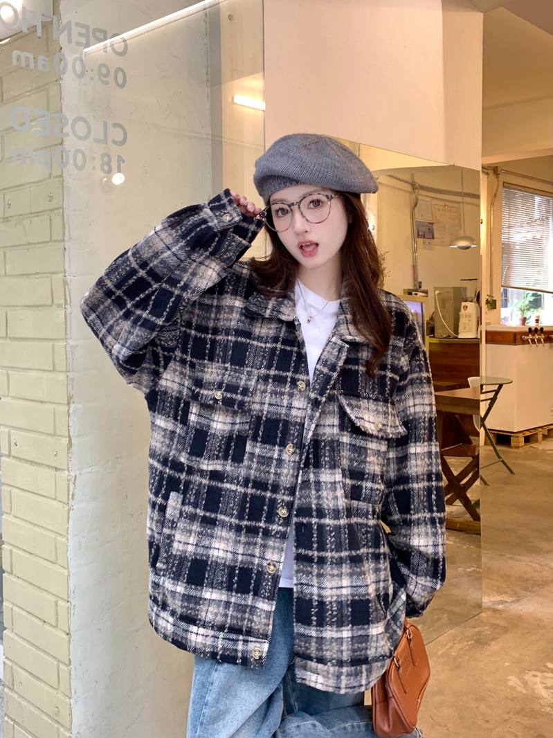 實拍 美式復古格子毛呢襯衫外套女秋冬鹽系高街休閒百搭情侶上衣