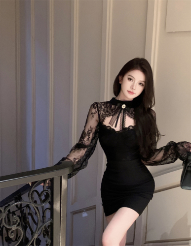 Real shot French stand-up collar eyelash lace slimming dress sexy hollow V-neck hip-hugging short skirt